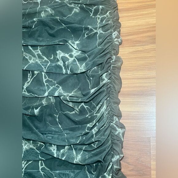 Zara Deep Green Marble Print Mesh Ruched Midi Skirt Size Small - Picture 6 of 7